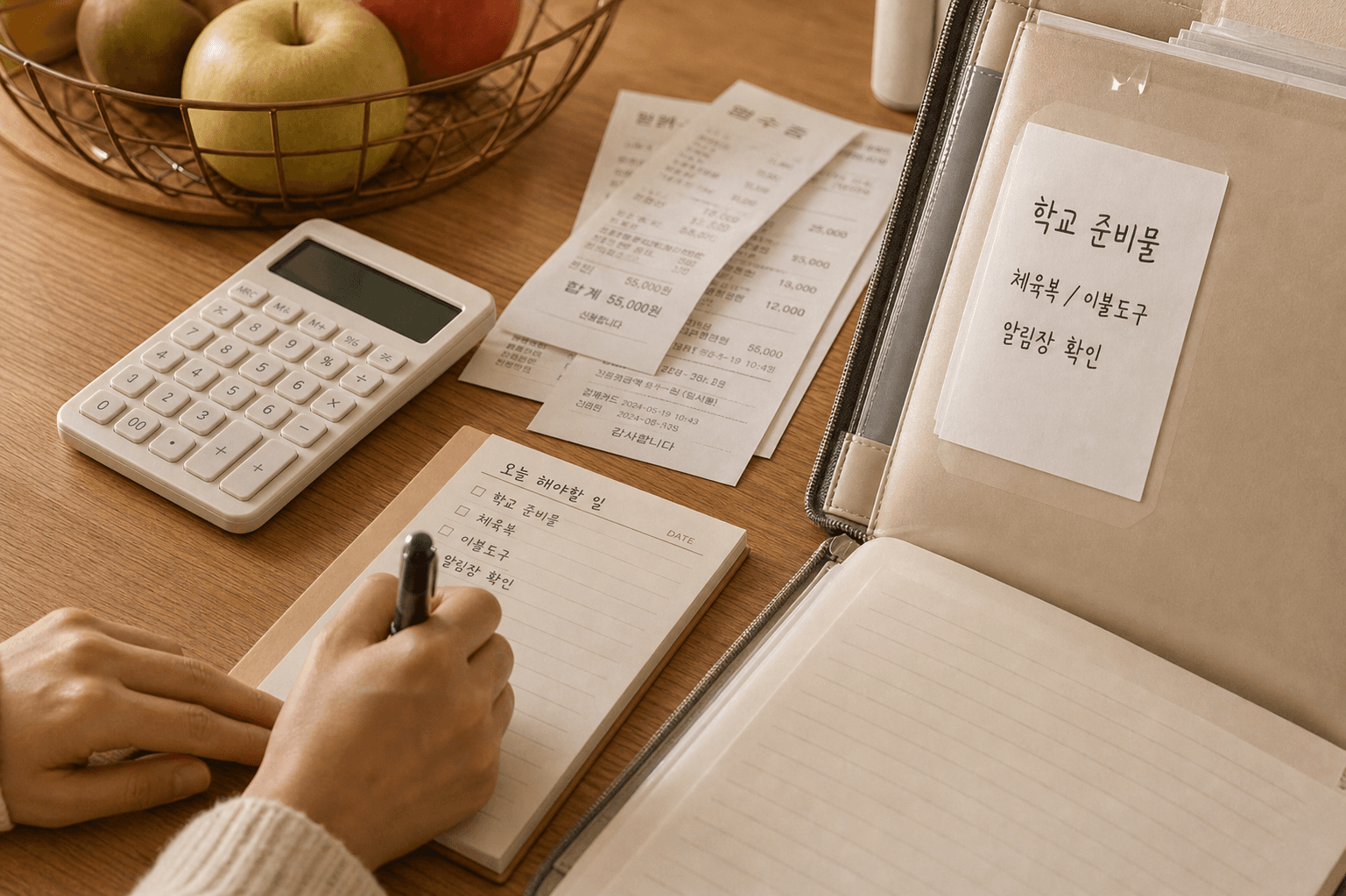 생활 정리 노트와 계산기가 놓인 생활방 이미지